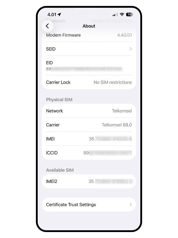 Device About screen example